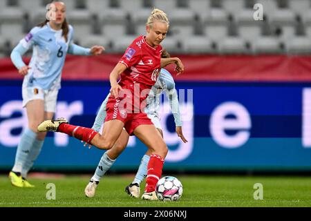 Viborg, Danimarca. 09 aprile 2024. Pernille Harder (10) della Danimarca, nella foto di martedì 9 aprile 2024 a Viborg, durante una partita di calcio tra le nazionali femminili di Danimarca e Belgio, chiamata The Red Flames nella seconda giornata del gruppo A2 nella fase di campionato della UEFA Women's European Qualifiers 2023-24, Danimarca . Crediti: Sportpix/Alamy Live News Foto Stock