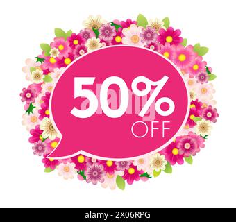 Una bella etichetta di vendita. Fino al 50% di sconto sul modello. Design rosa floreale con fiori 3D. Buono per lo shopping. Concetto di buono regalo. Design pubblicitario. Illustrazione Vettoriale