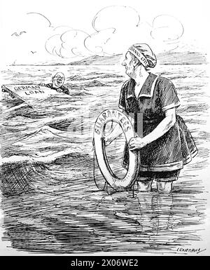 Safety First di Leonard Raven Hill, 13 agosto 1924, in riferimento alle richieste tedesche di prestiti bancari. Fotografia da un disegno di linea originariamente stampato sul periodico Punch and London Charivari nel 1924. Questo è un buon esempio degli artisti abili e dell'umorismo e della satira dell'epoca. Foto Stock