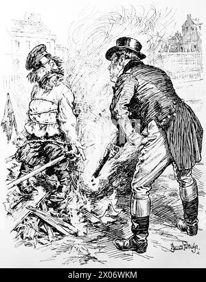 John Bull “Remember, Remember” di Bernard Partridge, 5 novembre 1924, mostra l’uomo d’affari John Bull che mette luce su un altro personaggio. Fotografia da un disegno di linea originariamente stampato sul periodico Punch and London Charivari nel 1924. Questo è un buon esempio degli artisti abili e dell'umorismo e della satira dell'epoca. Foto Stock