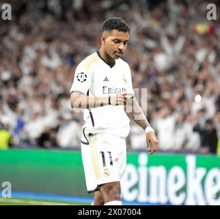 Sabadell, Barcellona, Spagna. 9 aprile 2024. Madrid Spagna 09.04.2024 Rodrygo Goes (Real Madrid) celebra il secondo gol della sua squadra durante la UEFA Champions League tra il Real Madrid e il Manchester City a Santiago Bernabeu il 9 aprile 2024 a Madrid. (Credit Image: © Xavi Urgeles/ZUMA Press Wire) SOLO PER USO EDITORIALE! Non per USO commerciale! Foto Stock