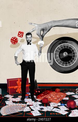 Collage di immagini creativo verticale giovane bello gentiluomo commerciante giocatore di gioco del casinò fortuna dadi combinazione roulette carte da poker Foto Stock