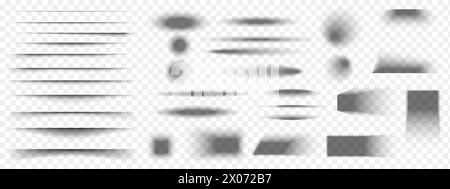 Set di effetti ombra della carta o della scatola di imballaggio. Diverse forme realistiche di grigio tenue. Linee di divisione, quadrati e rettangolari, sfumature tonde e ovali isolate su sfondo trasparente. Illustrazione vettoriale. Illustrazione Vettoriale