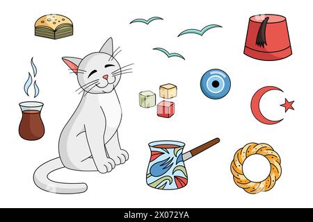 Set di elementi culturali turchi: Cezve, tazza da tè, baklava, bagel, stella e mezzaluna, gatto angora, delizia, amuleto, gabbiano, fez. Raccolta vettoriale. Carattere gatto angora turco con tazza di tè turco. Illustrazione Vettoriale