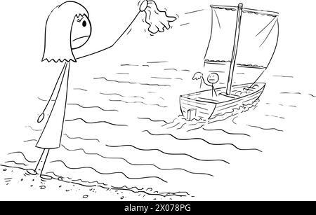 Boat Sails Away, Goodbye, Vector Cartoon Stick Figure Illustration Illustrazione Vettoriale