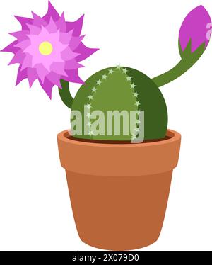 Una pianta domestica, un cactus fiorito in una pentola di argilla. Vettore su sfondo bianco. Illustrazione Vettoriale