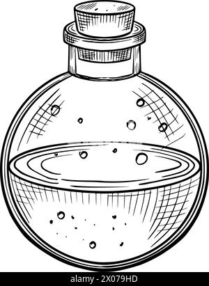 Pozione magica in una bottiglia rotonda con sughero. Illustrazione vettoriale del veleno della stregoneria su sfondo isolato. Incisione di elisir per alchimia dipinta da inchiostri neri. Disegno dell'elemento Halloween. Illustrazione Vettoriale