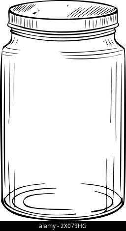 Illustrazione vettoriale del vaso in vetro. Incisione di flacone trasparente con sughero verniciato da inchiostri neri in stile art-line. Disegno di un contenitore vuoto su sfondo isolato. Schizzo di utensili da cucina vintage. Illustrazione Vettoriale