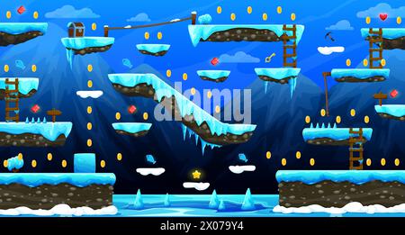 Arcade North Frozen World, interfaccia mappa livello di gioco. Ghiacciai, piattaforme di ghiaccio e scale, bonus e gemme sul mondo delle app di gioco o sullo sfondo dell'ambiente, interfaccia cartoon per la progettazione di livelli di videogiochi Illustrazione Vettoriale