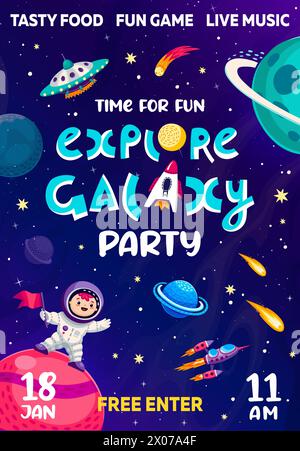 Galaxy Space Party Flyer con personaggio astronauta, razzo e UFO dei cartoni animati. Felice personaggio vettoriale spaziale in piedi sul pianeta dello spazio alieno con stelle, asteroidi di fuoco, comete, poster per feste per bambini Illustrazione Vettoriale