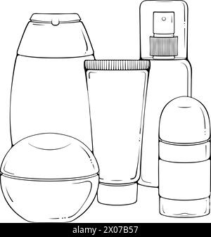 Composizione di diverse bottiglie per cosmetici line art Illustrazione Vettoriale