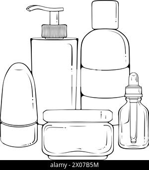 Composizione di diverse bottiglie per cosmetici line art Illustrazione Vettoriale