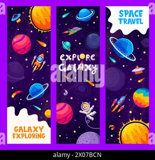 Banner vettoriali di esplorazione spaziale Galaxy. Simpatici astronauti e personaggi alieni dei cartoni animati con razzi, UFO e astronavi che esplorano pianeti e stelle della galassia spaziale aliena, volantini di viaggio nell'universo fantasy Illustrazione Vettoriale