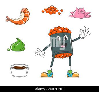Cartoni animati rombante personaggio giapponese. Rotolo isolato di pesce asiatico vettoriale pieno di caviale, cucina giapponese retro divertente con occhi grandi ed espressivi e un sorriso gioioso che irradia divertimento Illustrazione Vettoriale