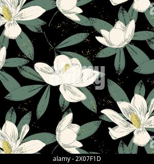 Motivo senza cuciture di fiori di magnolia e foglie verdi su sfondo nero Illustrazione Vettoriale