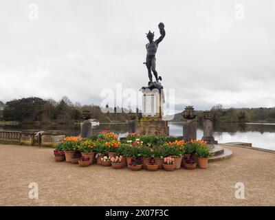 Statua di Perseo e Medusa circondata da vasi di bulbi primaverili nei giardini Trentham Foto Stock