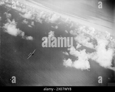 LA PORTAEREI BRITANNICA, HMS FORMIDABLE, IN SERVIZIO ATTIVO. SETTEMBRE 1942. - Grumman Martlets in volo Foto Stock