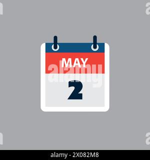 Pagina calendario semplice per il giorno 2 maggio - banner, progettazione grafica isolata su sfondo grigio - elemento di progettazione per Web, opuscoli, poster, utile per Des Illustrazione Vettoriale