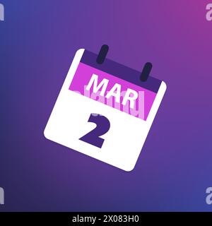 Progettazione di pagine di calendario per il giorno 2 marzo - banner, elemento di progettazione per il Web, opuscoli, poster, utile per i progetti realizzati per qualsiasi evento programmato, riunione Illustrazione Vettoriale