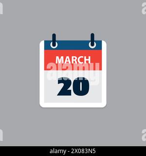 Pagina calendario semplice per il giorno 20 marzo - banner, progettazione grafica isolata su sfondo grigio - elemento di progettazione per Web, opuscoli, poster, utile per Illustrazione Vettoriale