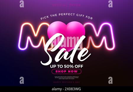 Banner per la festa della mamma con cuore e scritta brillante al neon Light su sfondo viola. Illustrazione offerta sconto stagionale vettoriale con Illustrazione Vettoriale