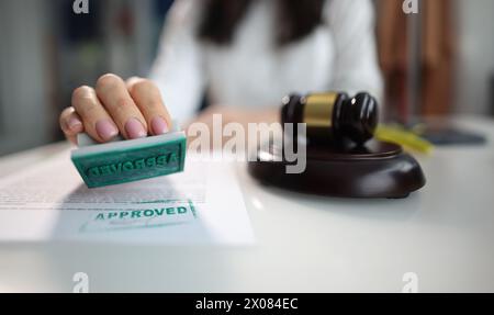 Donna d'affari mette un sigillo approvato su un primo piano di documento Foto Stock