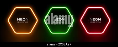 Luce al neon esagonale. Cornice con effetto bagliore su sfondo nero. Forma laser rossa, arancione e verde. Set vettoriale di striscioni fluorescenti a gradiente. Illustrazione Vettoriale