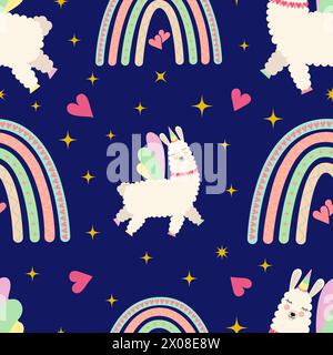 Grazioso motivo unicorno vettoriale alpaca senza cuciture. Lama con arcobaleno boho nel cielo notturno design in tessuto, carta da parati, sfondo. Illustrazione Vettoriale