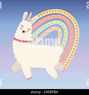 Simpatico unicorno alpaca con arcobaleno boho nel cielo, illustrazione vettoriale. Lama da sogno cartoni animati con corno. Elemento di design infantile per biglietti d'auguri, i Illustrazione Vettoriale