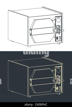 Illustrazioni vettoriali stilizzate di progetti isometrici di apparecchiature da laboratorio per sterilizzatori per autoclave Illustrazione Vettoriale