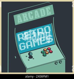Illustrazioni vettoriali stilizzate di un armadietto di giochi arcade retrò in stile cartoni animati Illustrazione Vettoriale