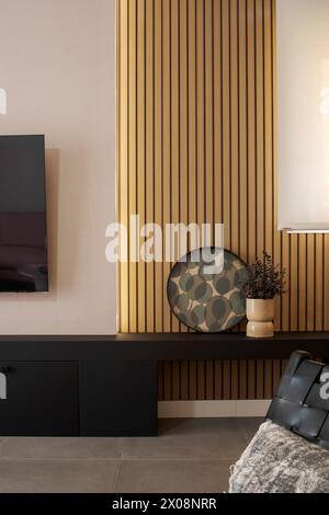 Un elegante angolo salotto con pannelli in legno contemporaneo, mobili di design ed eleganti elementi decorativi Foto Stock