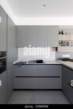 Cucina dal design contemporaneo con armadietti grigi, un bagno in marmo bianco e un piano di lavoro pulito dallo stile minimalista Foto Stock