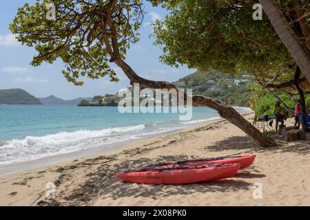 Kayak rosso sulla spiaggia di Friendship Bay, Bequia Island, St Vincent e Grenadine, Caraibi Foto Stock