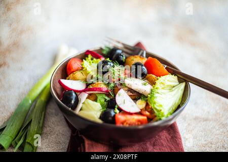 Un'insalata mediterranea splendidamente organizzata in una ciotola, con patate arrosto, olive nere, pomodori ciliegini, croccanti ravanelli, e lattuga, accente Foto Stock