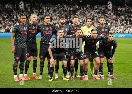 Squadra del Manchester City durante la UEFA Champions League, i quarti di finale, partita di calcio di 1a tappa tra Real Madrid e Manchester City il 9 aprile 2024 allo stadio Santiago Bernabeu di Madrid, Spagna Foto Stock