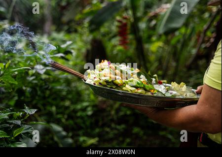 Una persona corta e irriconoscibile tiene un'offerta di Canang Sari, piena di fiori colorati ed elementi simbolici, in mezzo alla vibrante vegetazione di un Bal Foto Stock