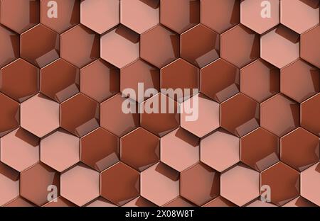 Questa immagine presenta un motivo geometrico senza cuciture costituito da esagoni 3D in tonalità di marrone, che creano un design moderno e futuristico della carta da parati ideale Foto Stock