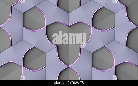 Questa immagine presenta un complesso design geometrico 3D della carta da parati con forme a incastro senza cuciture in sfumature di viola e grigio Foto Stock