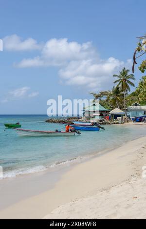 Barche da pesca ormeggiate a Britannia Bay, Lovell Village, Mustique Island, St Vincent e Grenadine, Caraibi Foto Stock