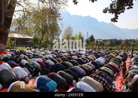 Srinagar, India. 10 aprile 2024. 10 aprile 2024, Srinagar, India: I musulmani offrono preghiere Eid al-Fitr nel giardino Shalimar di Srinagar. I musulmani di tutto il mondo si riuniscono per celebrare l'Eid al-Fitr, che segna la fine del mese di digiuno del Ramadan. Crediti: SIPA USA/Alamy Live News Foto Stock