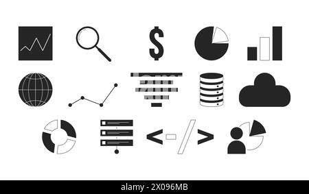 Set di oggetti cartoni animati 2D in bianco e nero per la gestione di database analitici Illustrazione Vettoriale