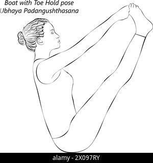 Schizzo di donna che pratica Ubhaya Padangushthasana posa. Barca con posa antiscivolo. Sia le dita grandi che la doppia convergenza mantengono la posizione. Illustrazione vettoriale isolata. Illustrazione Vettoriale