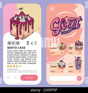 Modello vettoriale dello schermo dell'applicazione mobile di onboarding in produzione. Modello vettoriale disegnato a mano del menu con dessert. Visita il sito Web con la combinazione di piatti Illustrazione Vettoriale