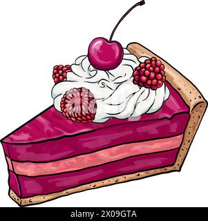 Piece Sweet Cakes Set disegno a mano vettoriale. deliziosi dessert con condimenti di frutta e panna Illustrazione Vettoriale