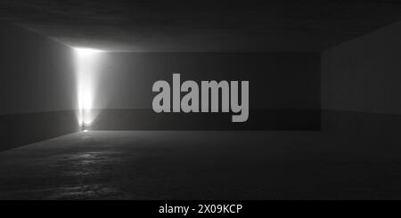 Camera in cemento astratta, moderna e vuota, con faretto singolo dal basso nell'angolo e pavimento ruvido - modello di sfondo per interni industriali, 3D. Foto Stock