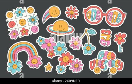 Confezione di adesivi per cartoni animati hippie Love. Hippie anni '60, fiori in stile anni '70, margherita, arcobaleno, occhiali, cosmico. Illustrazione Vettoriale