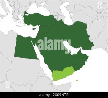 Mappa verde chiaro DELLO YEMEN all'interno evidenziata mappa verde scuro del Medio Oriente Illustrazione Vettoriale