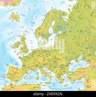 Mappa fisica dettagliata dell'Europa Illustrazione Vettoriale