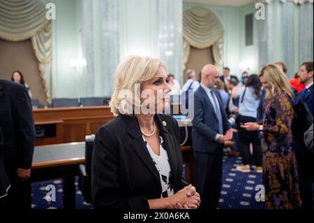 Washington, Vereinigte Staaten. 9 febbraio 2024. La presidente del National Transportation Safety Board Jennifer Homendy parla con le persone dopo essere apparsa davanti a un'audizione del Comitato del Senato per il commercio, la scienza e i trasporti per la sua riconferma in attesa di essere presidente del National Transportation Safety Board nel Russell Senate Office Building a Washington, DC, mercoledì 10 aprile 2024. Credito: Rod Lamkey/CNP/dpa/Alamy Live News Foto Stock